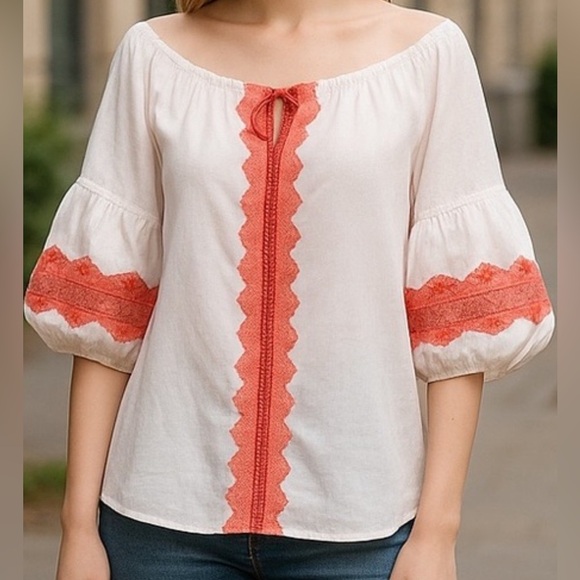 HAYDEN L.A. BOHO WHITE ORANGE EYELET PUFFED SLEEVE SUMMER BLOUSE SZ LARGE NWT - Picture 1 of 10